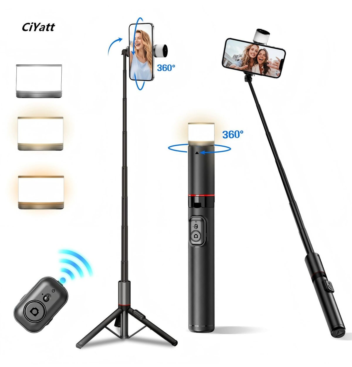 CiYatt 54.13'' Selfie Stick Tripod with Wireless Remote, Hidden design 360° rotating fill light, Aluminum Portable Lightweight Travel Tripod for Video Recording Z1FCA00A3A37D30CF4792Z